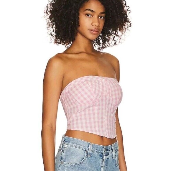 Free People Leilani Gingham Tube Top Corset NWT Pink White Smocked Back Size L - Picture 5 of 10